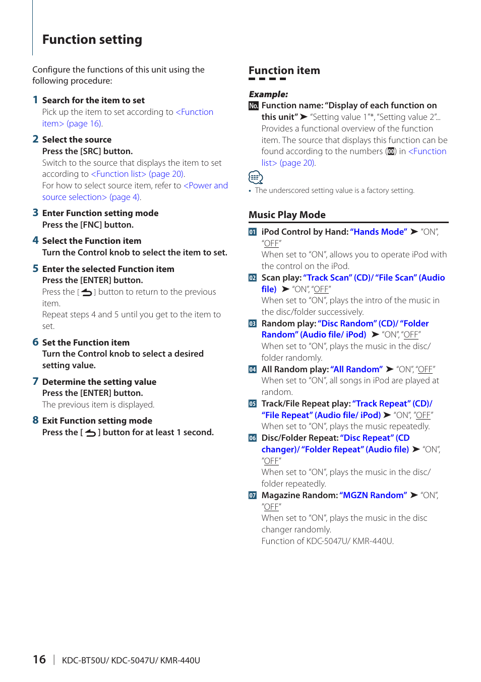 Function setting | Kenwood KDC-5047U User Manual | Page 16 / 41