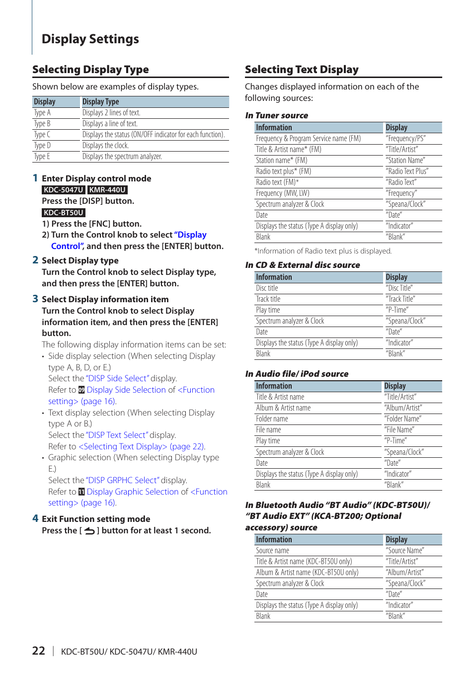 Display settings, Selecting display type, Selecting text display | Kenwood KDC-5047U User Manual | Page 22 / 41