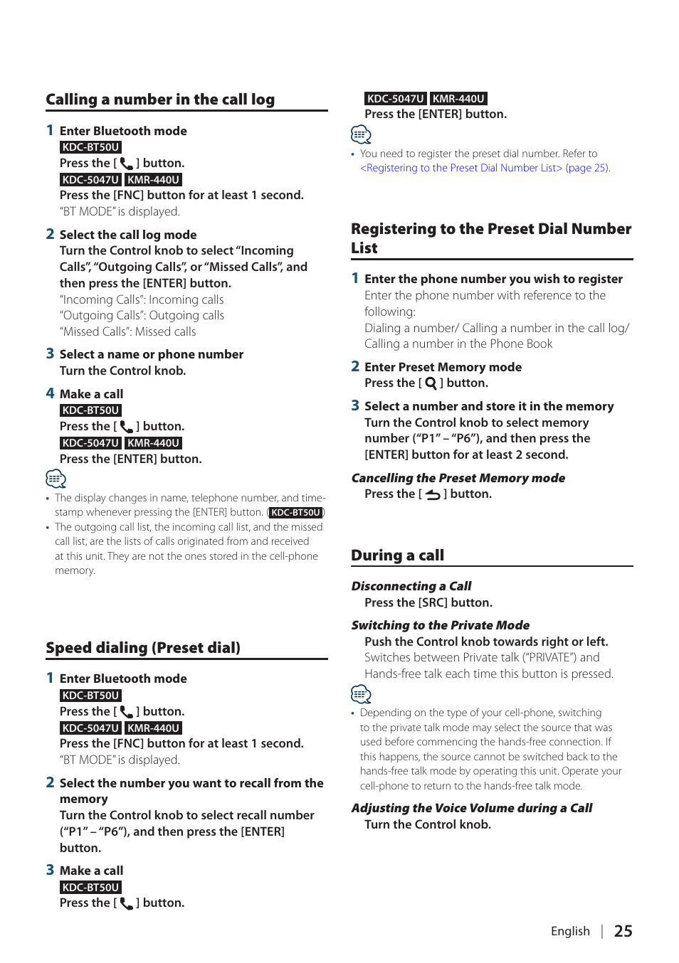 Calling a number in the call log 1, Speed dialing (preset dial) 1, Registering to the preset dial number list 1 | During a call | Kenwood KDC-5047U User Manual | Page 25 / 41