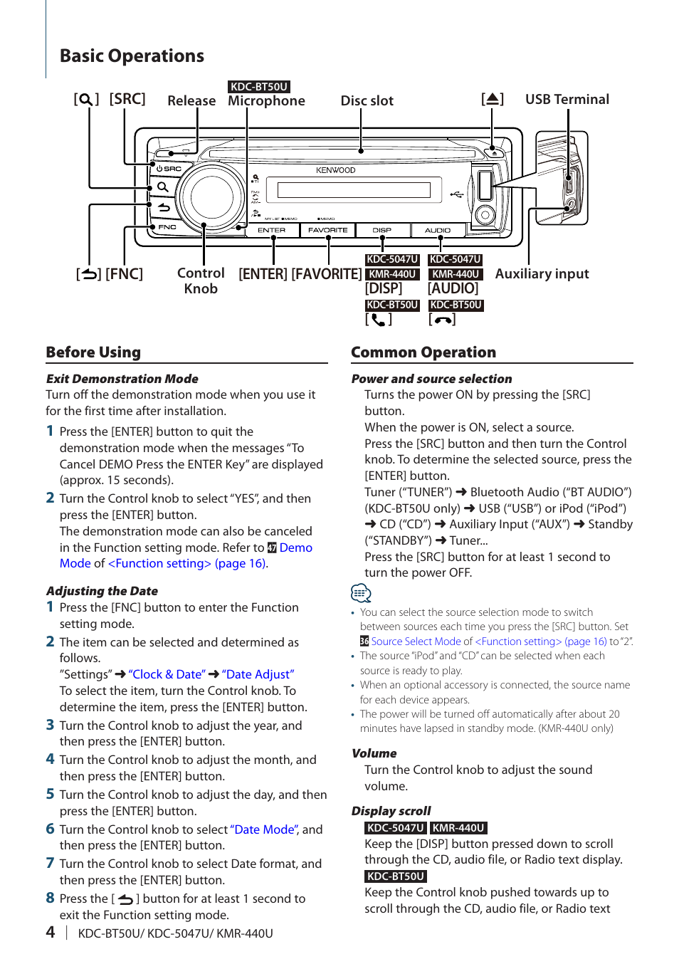 Exit demonstration, Basic operations | Kenwood KDC-5047U User Manual | Page 4 / 41