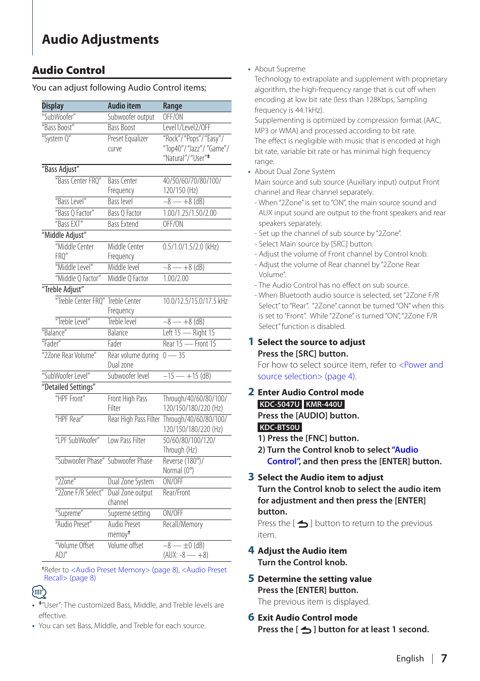 Audio adjustments, Audio control | Kenwood KDC-5047U User Manual | Page 7 / 41