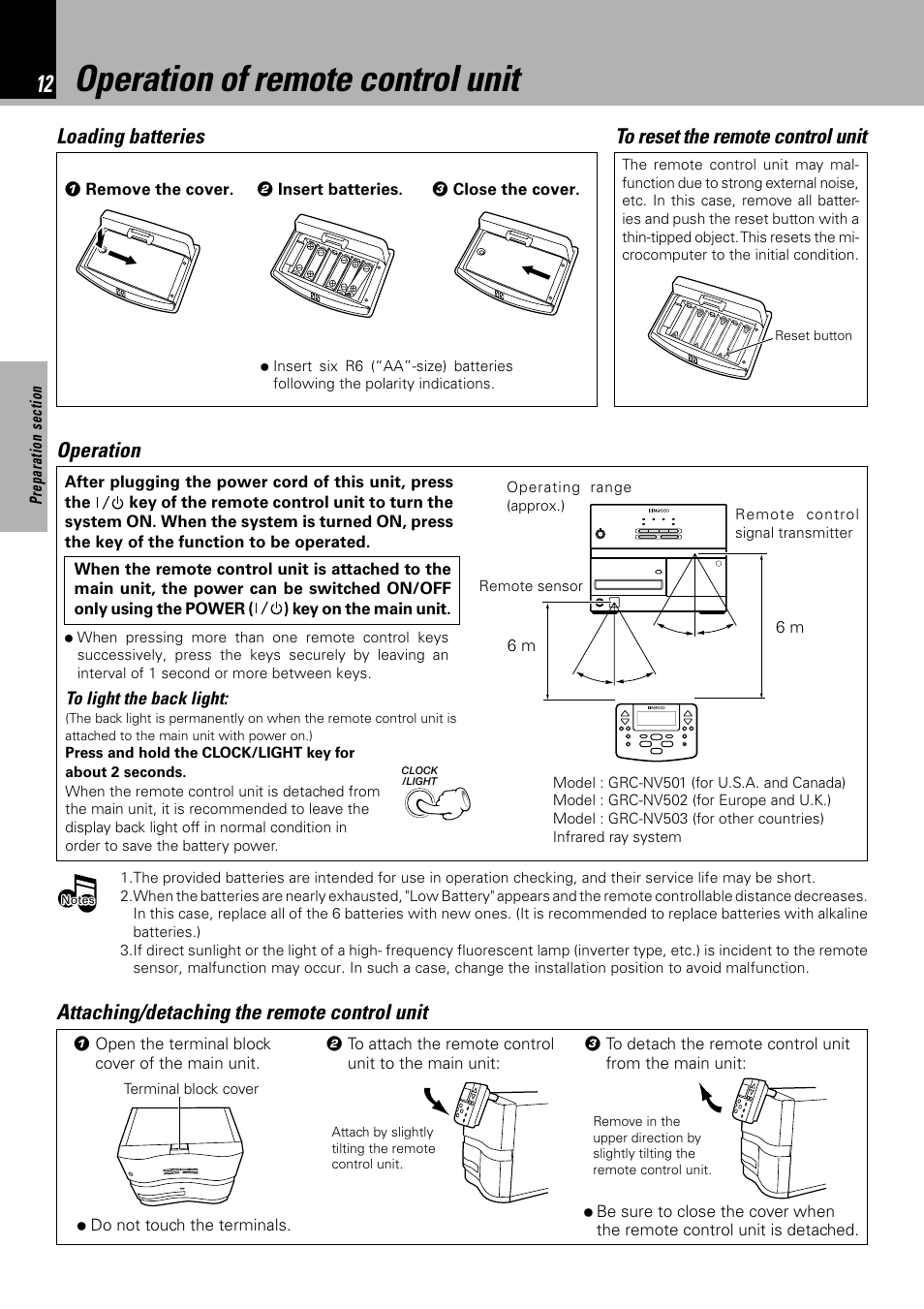 Operation of remote control unit, Loading batteries, Operation | Attaching/detaching the remote control unit | Kenwood NV 600 User Manual | Page 12 / 64