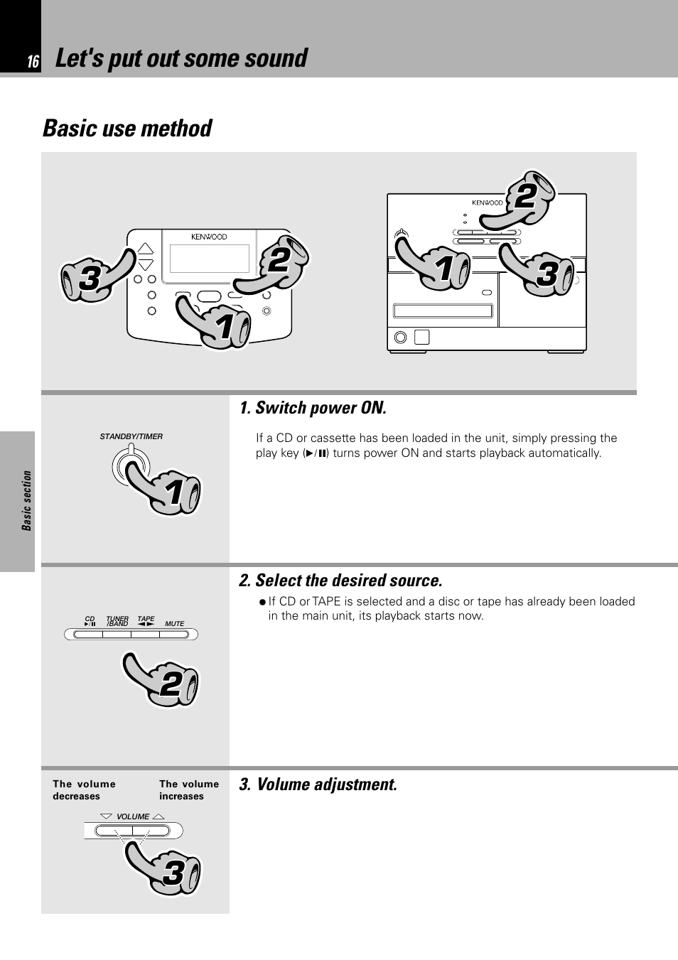 Let's put out some sound, Basic use method | Kenwood NV 600 User Manual | Page 16 / 64