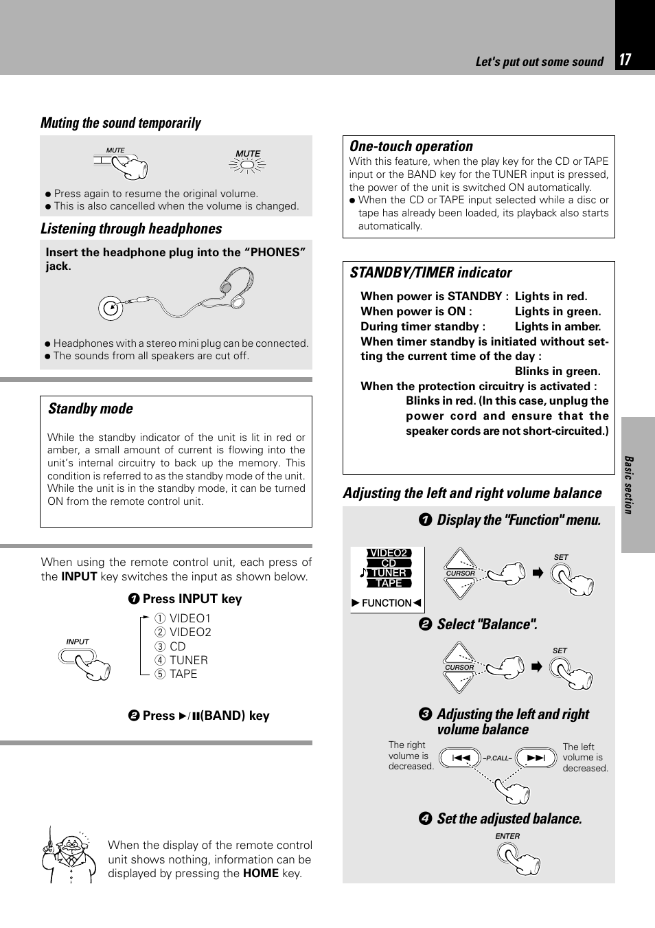 Muting the sound temporarily, Listening through headphones, Standby mode | One-touch operation, Standby/timer indicator, Adjusting the left and right volume balance, Display the "function" menu, Select "balance, Set the adjusted balance | Kenwood NV 600 User Manual | Page 17 / 64