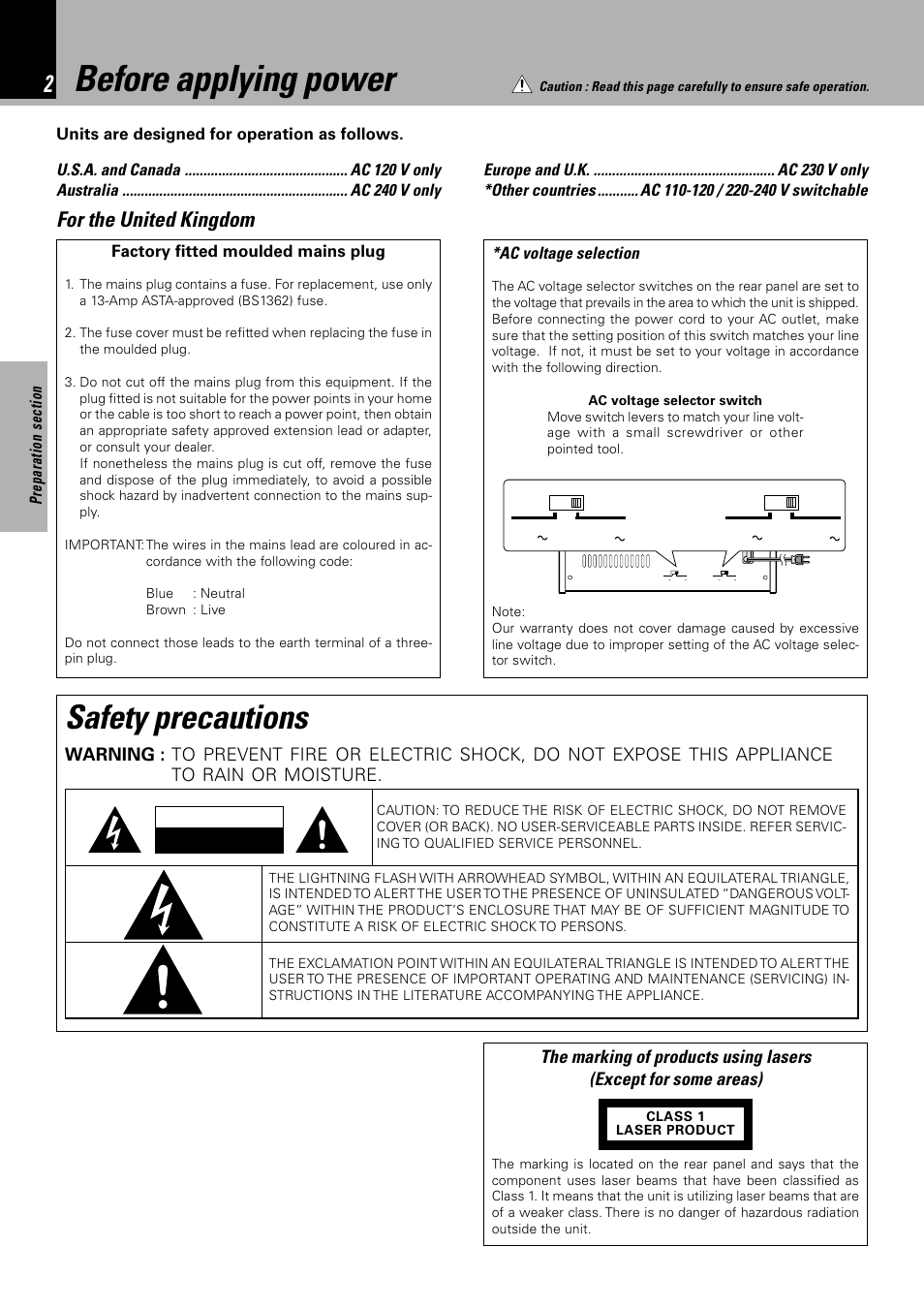 Before applying power, Safety precautions, For the united kingdom | Factory fitted moulded mains plug, Caution | Kenwood NV 600 User Manual | Page 2 / 64