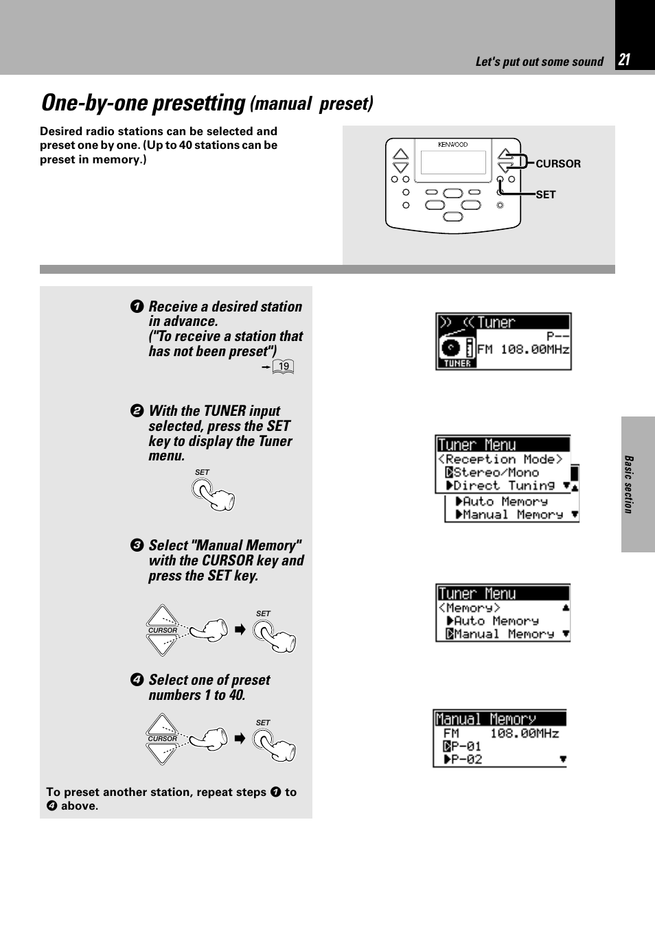 One-by-one presetting (manual preset), One-by-one presetting, Manual preset) | Select one of preset numbers 1 to 40 | Kenwood NV 600 User Manual | Page 21 / 64