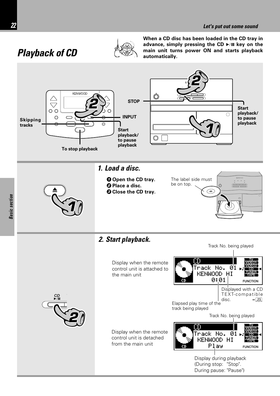 Playback of cd, Load a disc, Start playback | Kenwood NV 600 User Manual | Page 22 / 64