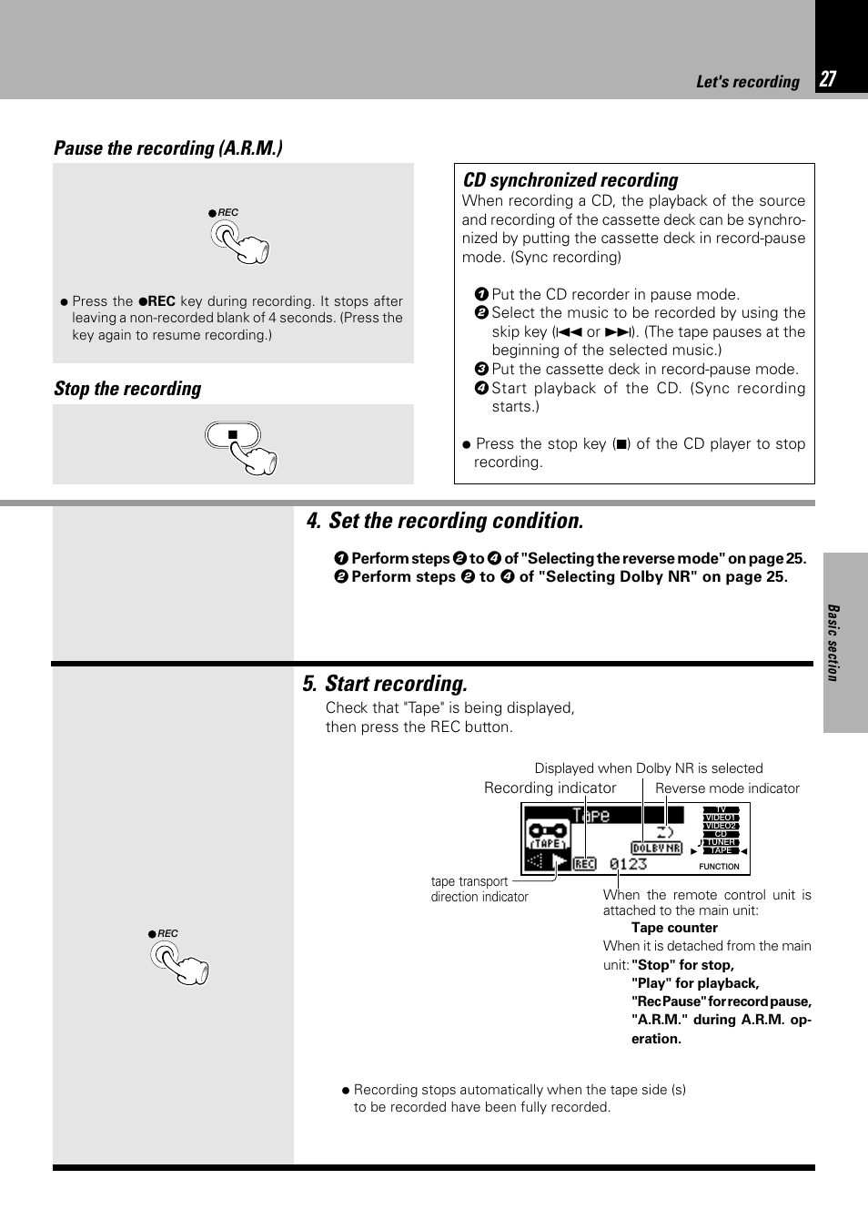 Cd synchronized recording, Set the recording condition, Start recording | Pause the recording (a.r.m.), Stop the recording cd synchronized recording | Kenwood NV 600 User Manual | Page 27 / 64