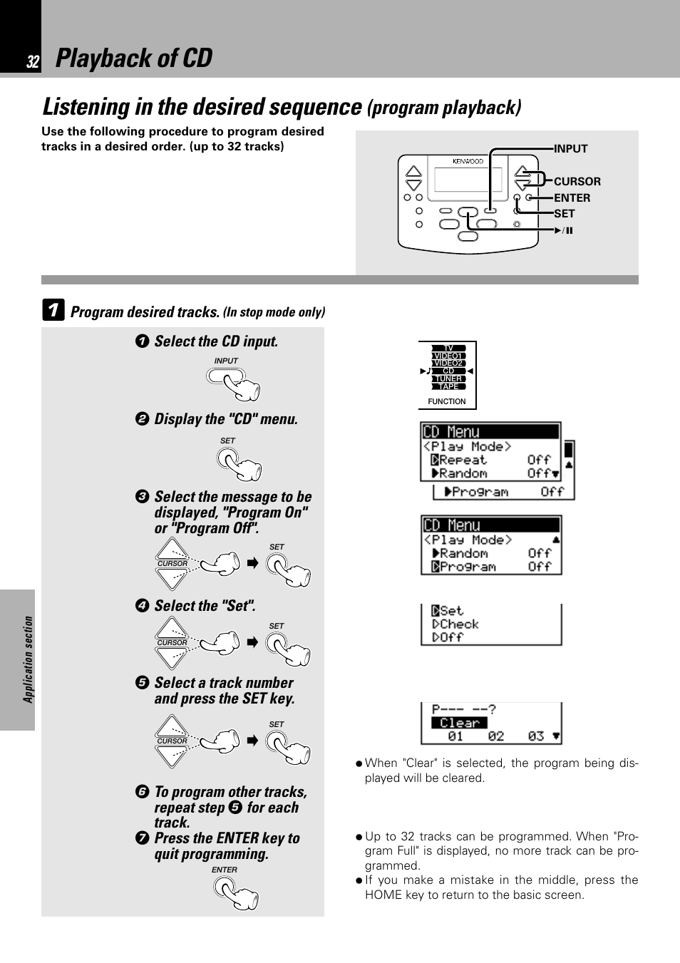 Playback of cd, Listening in the desired sequence, Program playback) | Program desired tracks, Select the cd input, Display the "cd" menu, Select the "set, Select a track number and press the set key, For each track, Press the enter key to quit programming | Kenwood NV 600 User Manual | Page 32 / 64