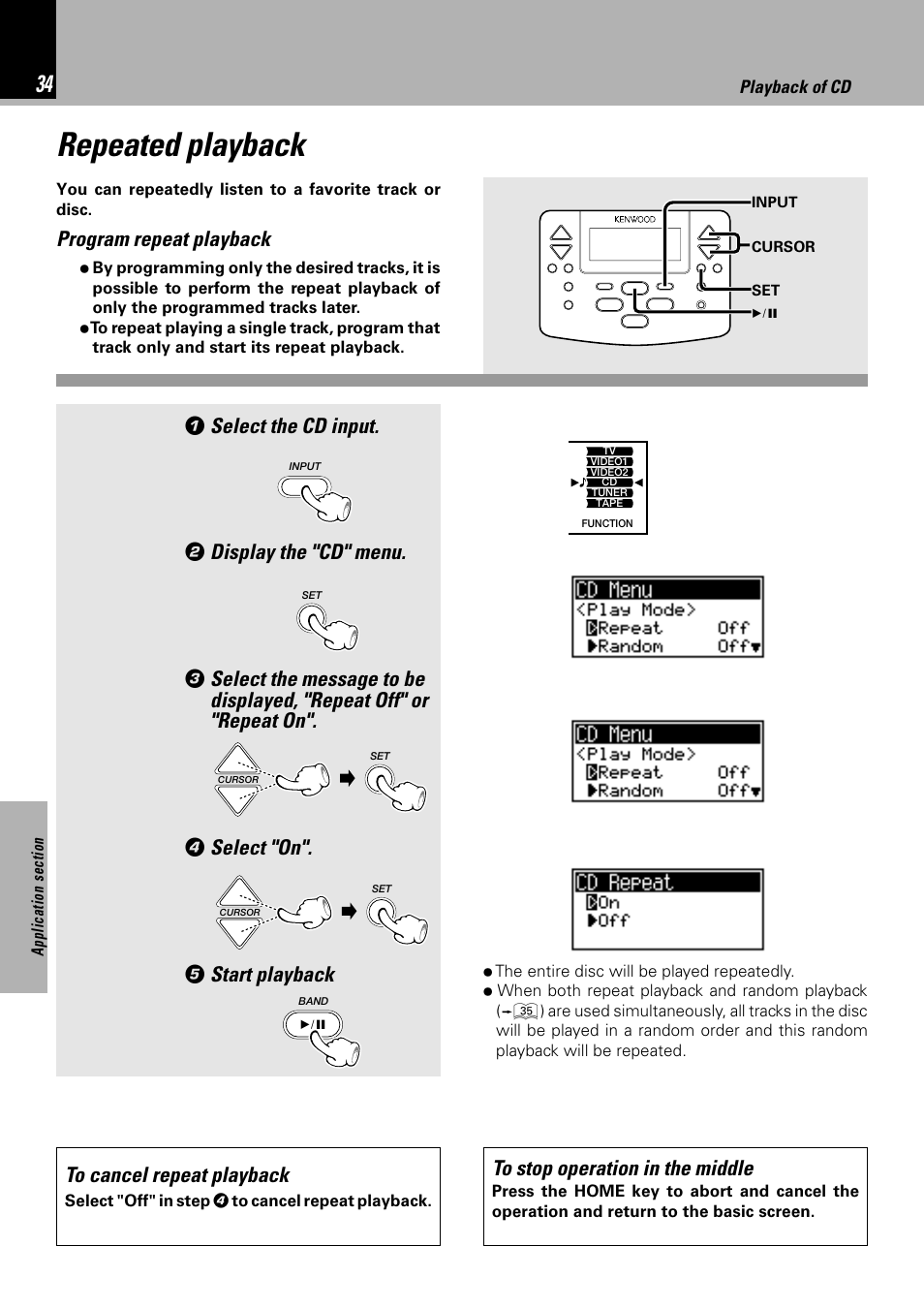 Repeated playback, Program repeat playback, Select the cd input | Display the "cd" menu, Select "on, Start playback | Kenwood NV 600 User Manual | Page 34 / 64