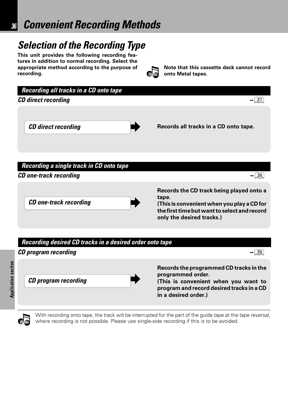 Convenient recording methods, Selection of the recording type | Kenwood NV 600 User Manual | Page 36 / 64