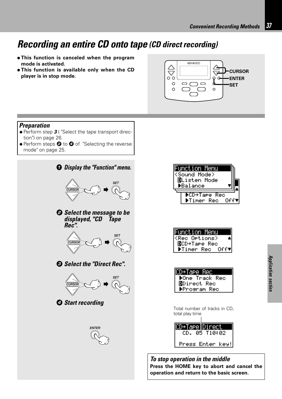 Recording an entire cd onto tape, Cd direct recording), Display the "function" menu | Select the message to be displayed, "cd, Tape rec, Select the "direct rec, Start recording, Preparation | Kenwood NV 600 User Manual | Page 37 / 64