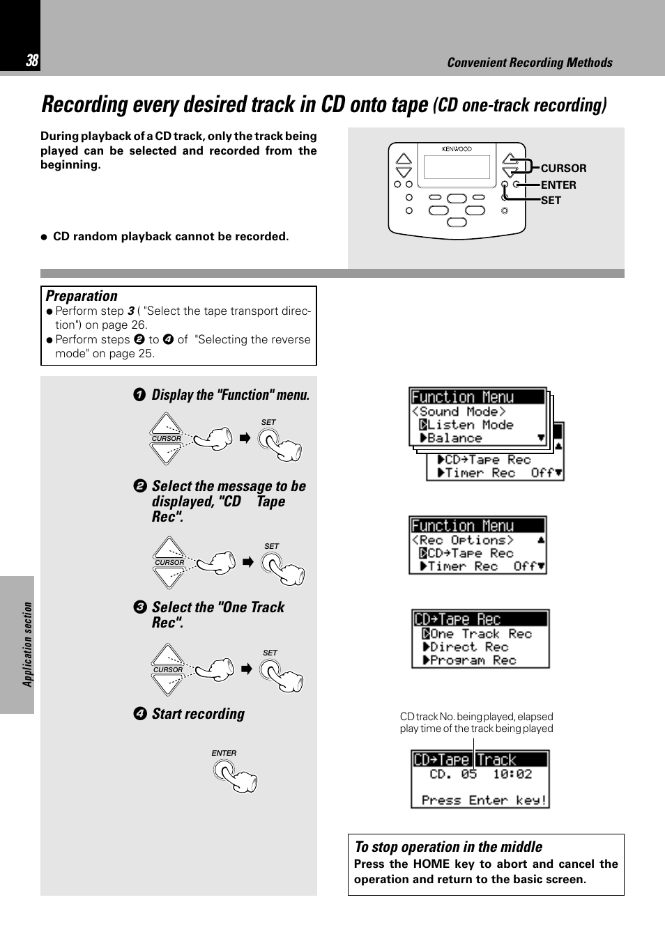 Recording every desired track in cd onto tape, Cd one-track recording), Display the "function" menu | Select the message to be displayed, "cd, Tape rec, Select the "one track rec, Start recording, Preparation | Kenwood NV 600 User Manual | Page 38 / 64