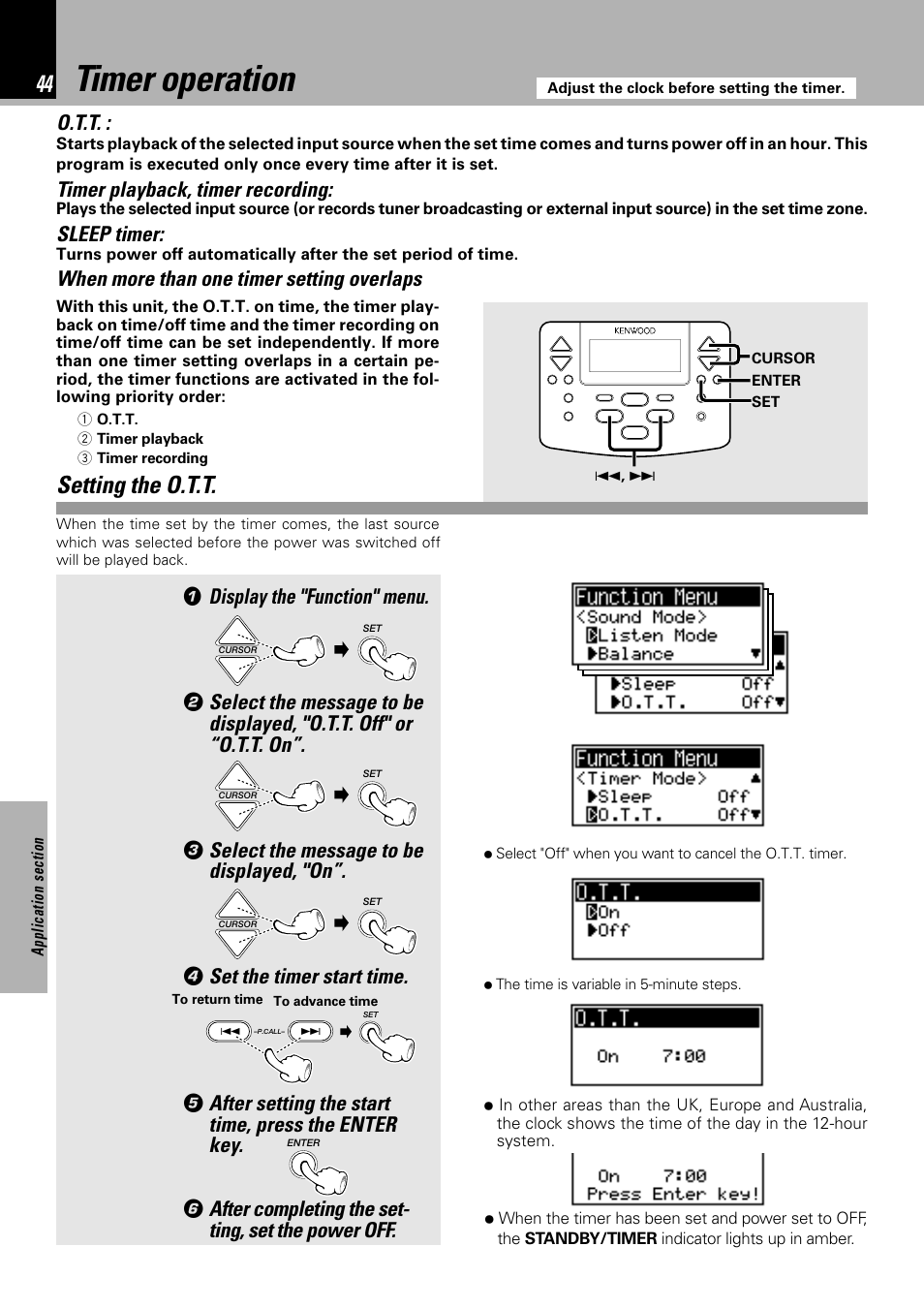 Timer operation, Setting the o.t.t, O.t.t | Timer playback, timer recording, Sleep timer, When more than one timer setting overlaps, Display the "function" menu, Select the message to be displayed, "on, Set the timer start time, After setting the start time, press the enter key | Kenwood NV 600 User Manual | Page 44 / 64