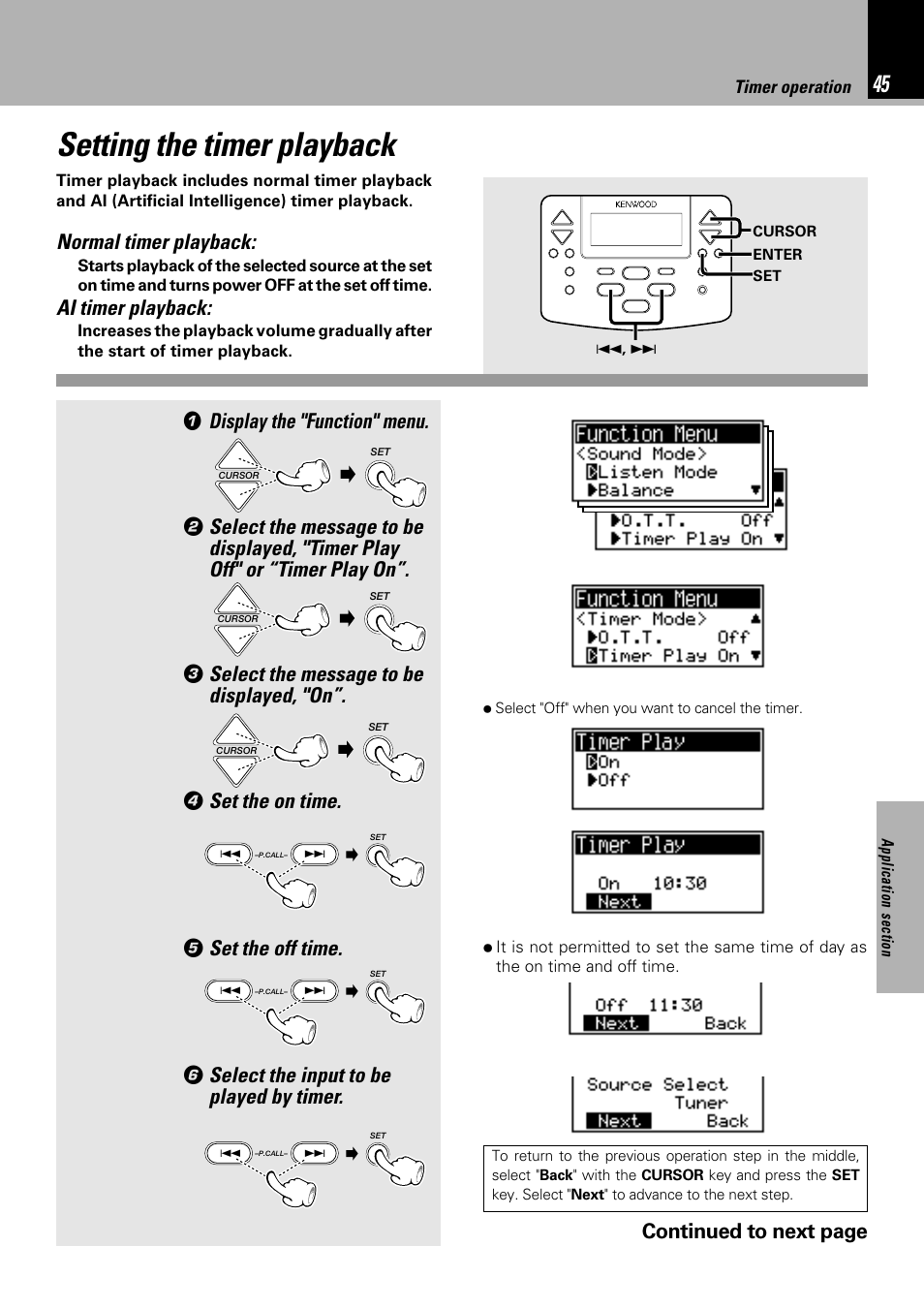 Setting the timer playback, Normal timer playback, Ai timer playback | Display the "function" menu, Select the message to be displayed, "on, Set the on time, Set the off time, Select the input to be played by timer, Continued to next page | Kenwood NV 600 User Manual | Page 45 / 64