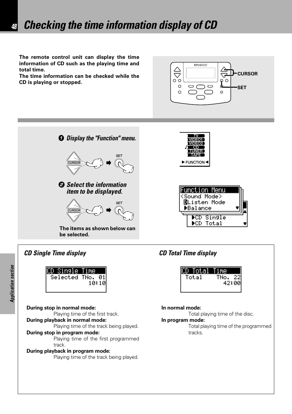 Checking the time information display of cd, Display the "function" menu, Select the information item to be displayed | Cd single time display, Cd total time display | Kenwood NV 600 User Manual | Page 48 / 64