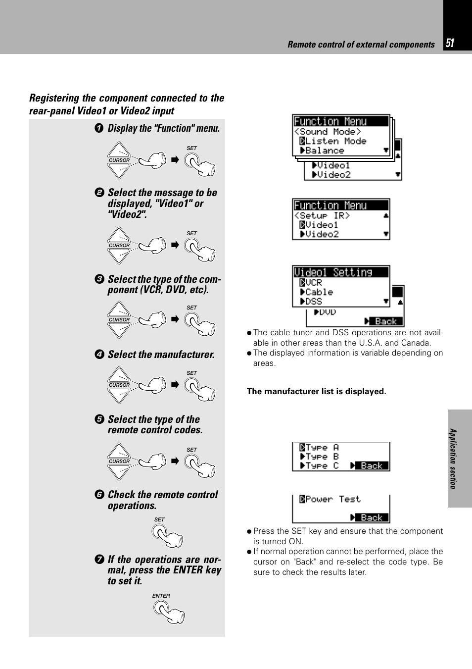 Display the "function" menu, Select the type of the com- ponent (vcr, dvd, etc), Select the manufacturer | Select the type of the remote control codes, Check the remote control operations | Kenwood NV 600 User Manual | Page 51 / 64