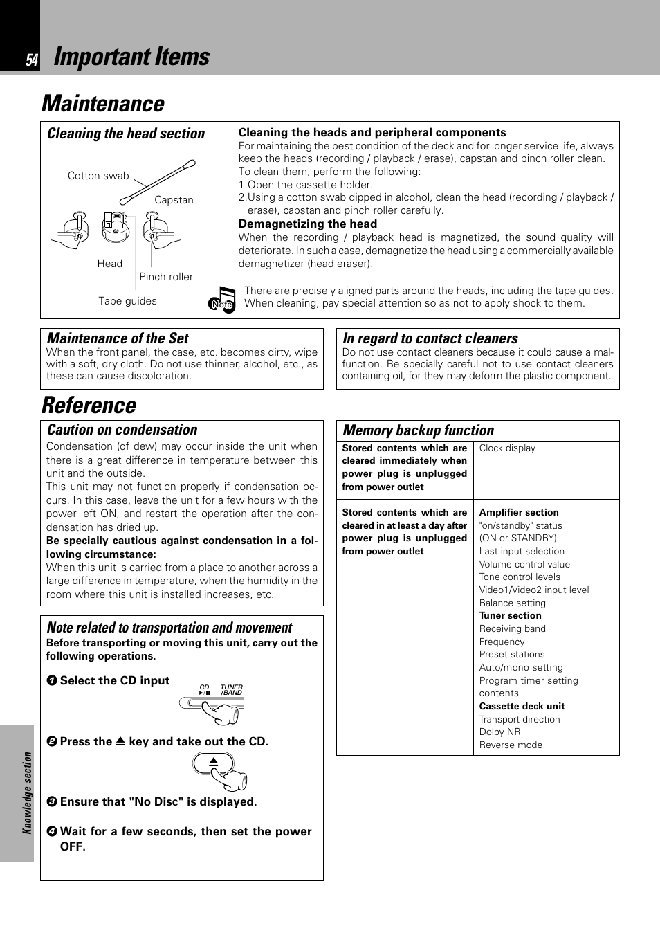 Important items, Maintenance, Reference | Caution on condensation, Maintenance of the set | Kenwood NV 600 User Manual | Page 54 / 64