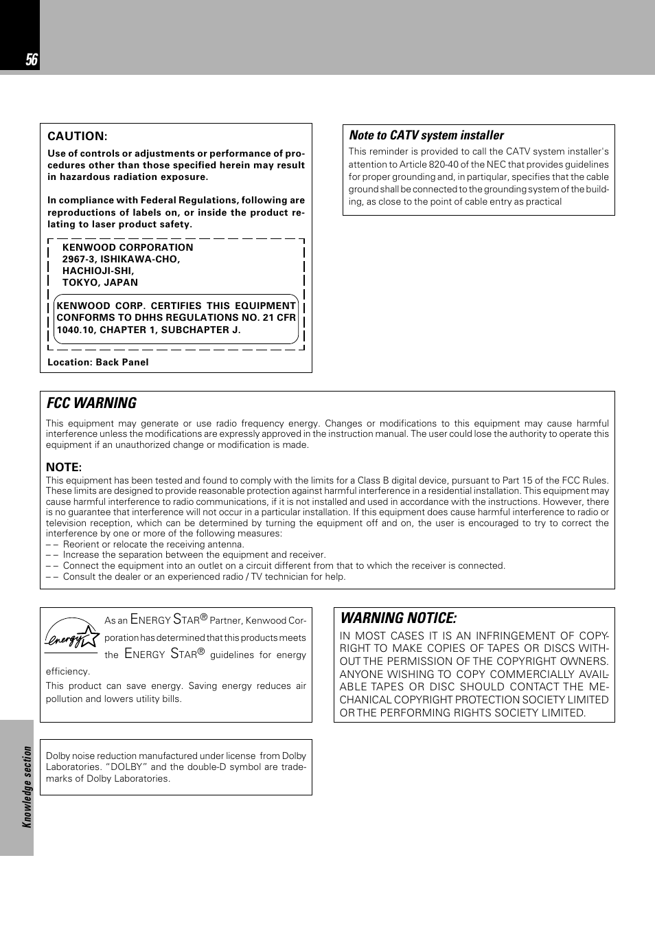 Fcc warning, Warning notice | Kenwood NV 600 User Manual | Page 56 / 64