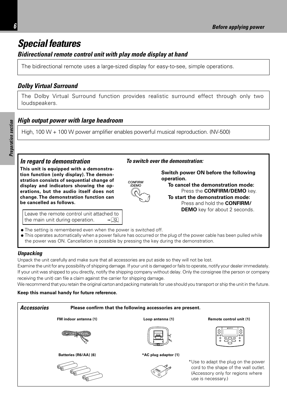 Special features, Accessories, Dolby virtual surround | High output power with large headroom | Kenwood NV 600 User Manual | Page 6 / 64