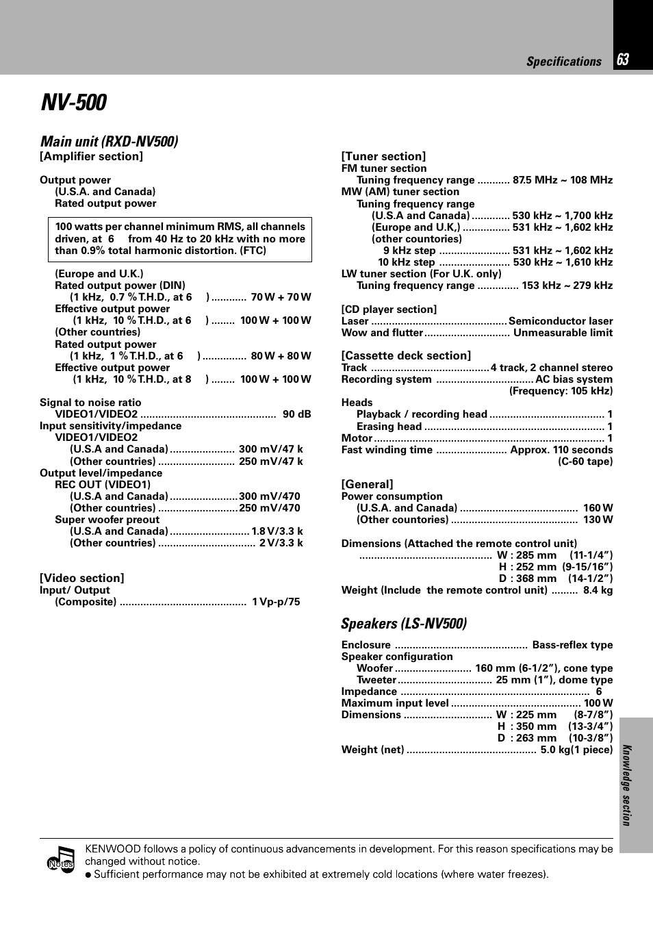 Nv-500, Main unit (rxd-nv500), Speakers (ls-nv500) | Specifications | Kenwood NV 600 User Manual | Page 63 / 64