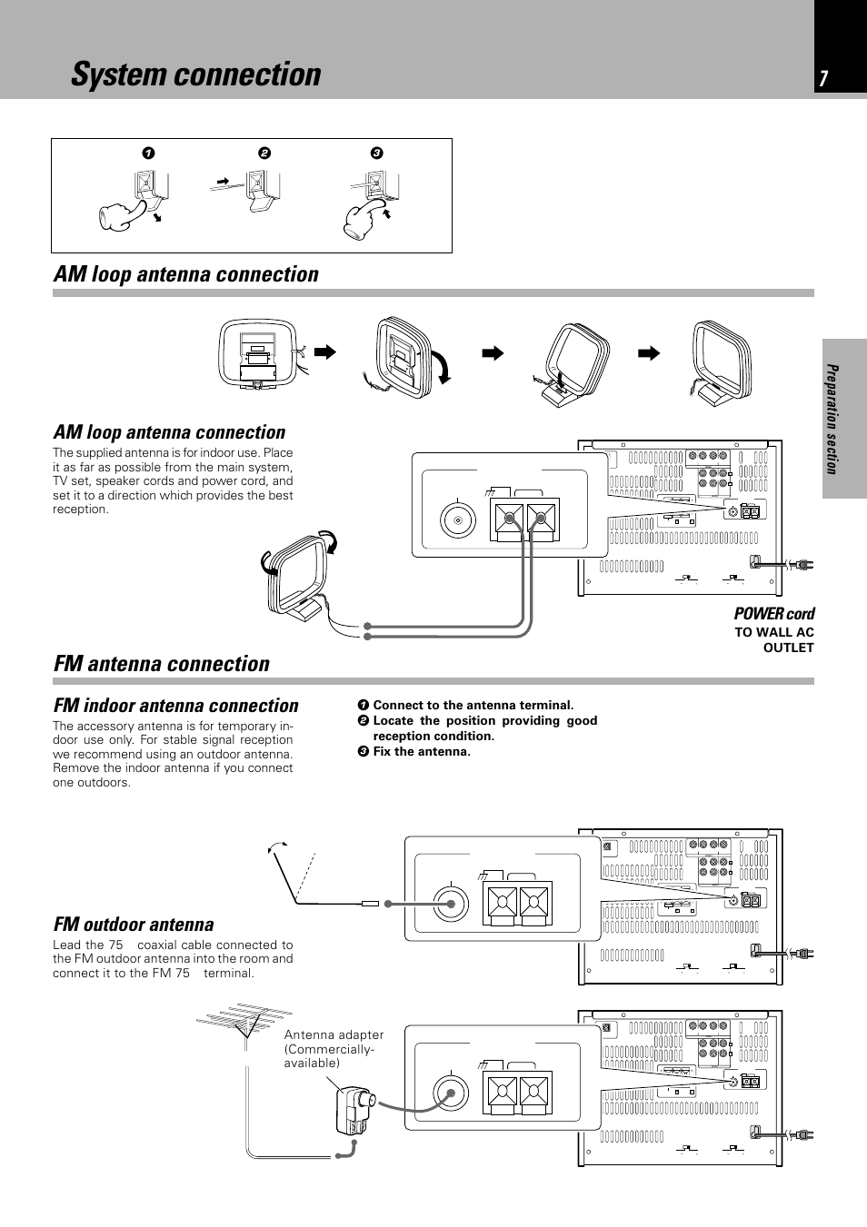 System connection, Am loop antenna connection, Fm antenna connection | Am loop antenna connection fm antenna connection, Fm indoor antenna connection, Fm outdoor antenna, Power cord, Fm 75 ω gnd am antenna, Fm 75 ω gnd am antenna fm 75 ω gnd am antenna | Kenwood NV 600 User Manual | Page 7 / 64