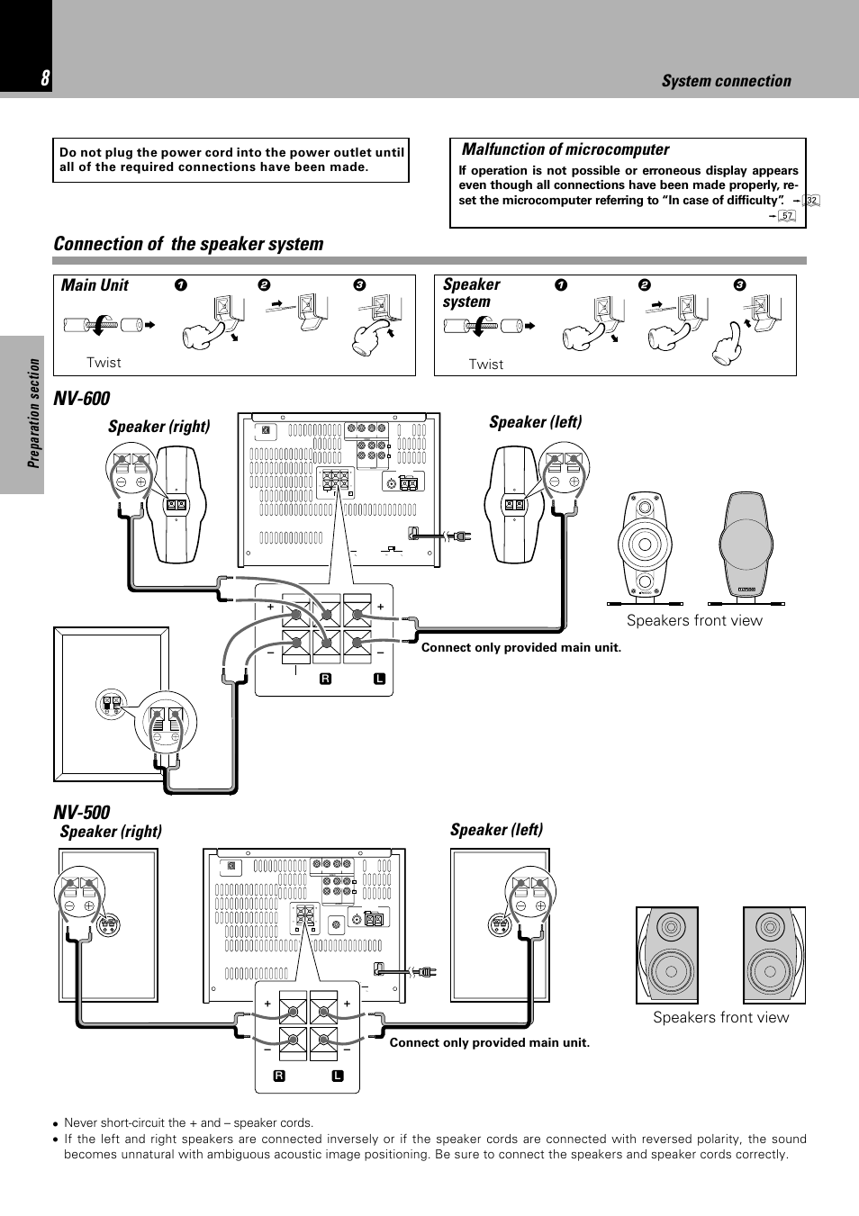 Connection of the speaker system, Connection of the speaker system nv-600, Nv-500 | Malfunction of microcomputer, Main unit, Speaker system, Speakers front view, Twist, Connect only provided main unit | Kenwood NV 600 User Manual | Page 8 / 64