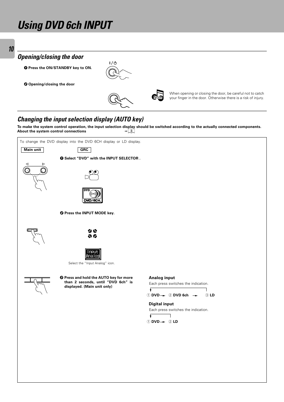 Using dvd 6ch input, Opening/closing the door, Changing the input selection display (auto key) | Mo v i e, System connection | Kenwood C-V751 User Manual | Page 10 / 64