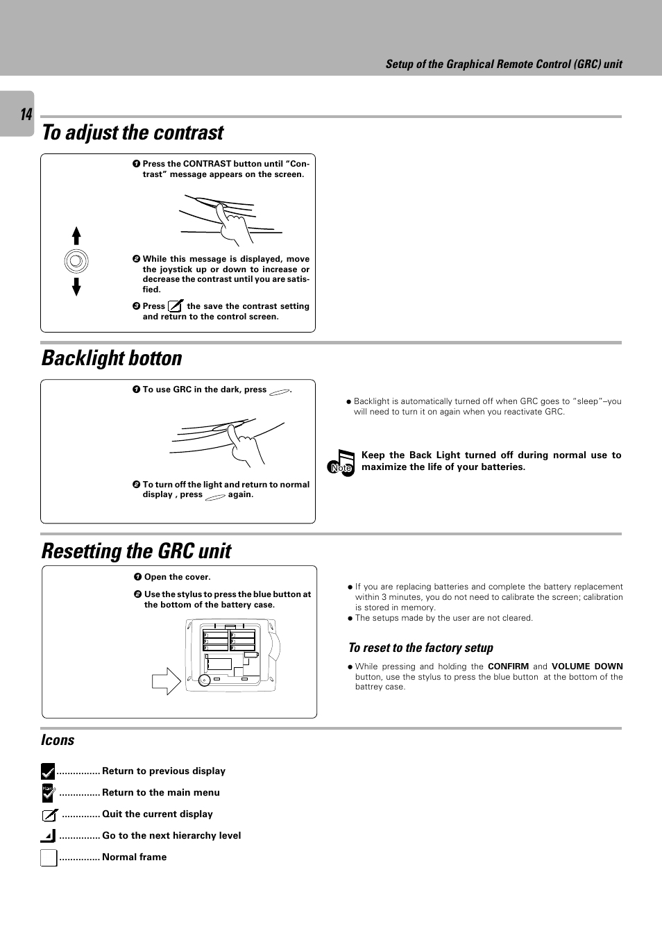 Backlight botton, Resetting the grc unit, Icons | Setup of the graphical remote control (grc) unit | Kenwood C-V751 User Manual | Page 14 / 64