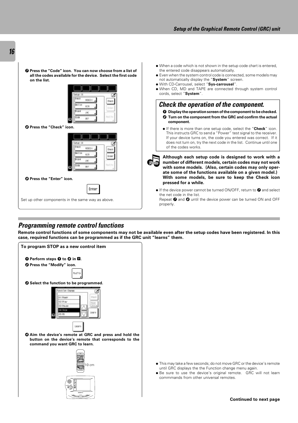 Check the operation of the component, Programming remote control functions, Setup of the graphical remote control (grc) unit | Kenwood C-V751 User Manual | Page 16 / 64