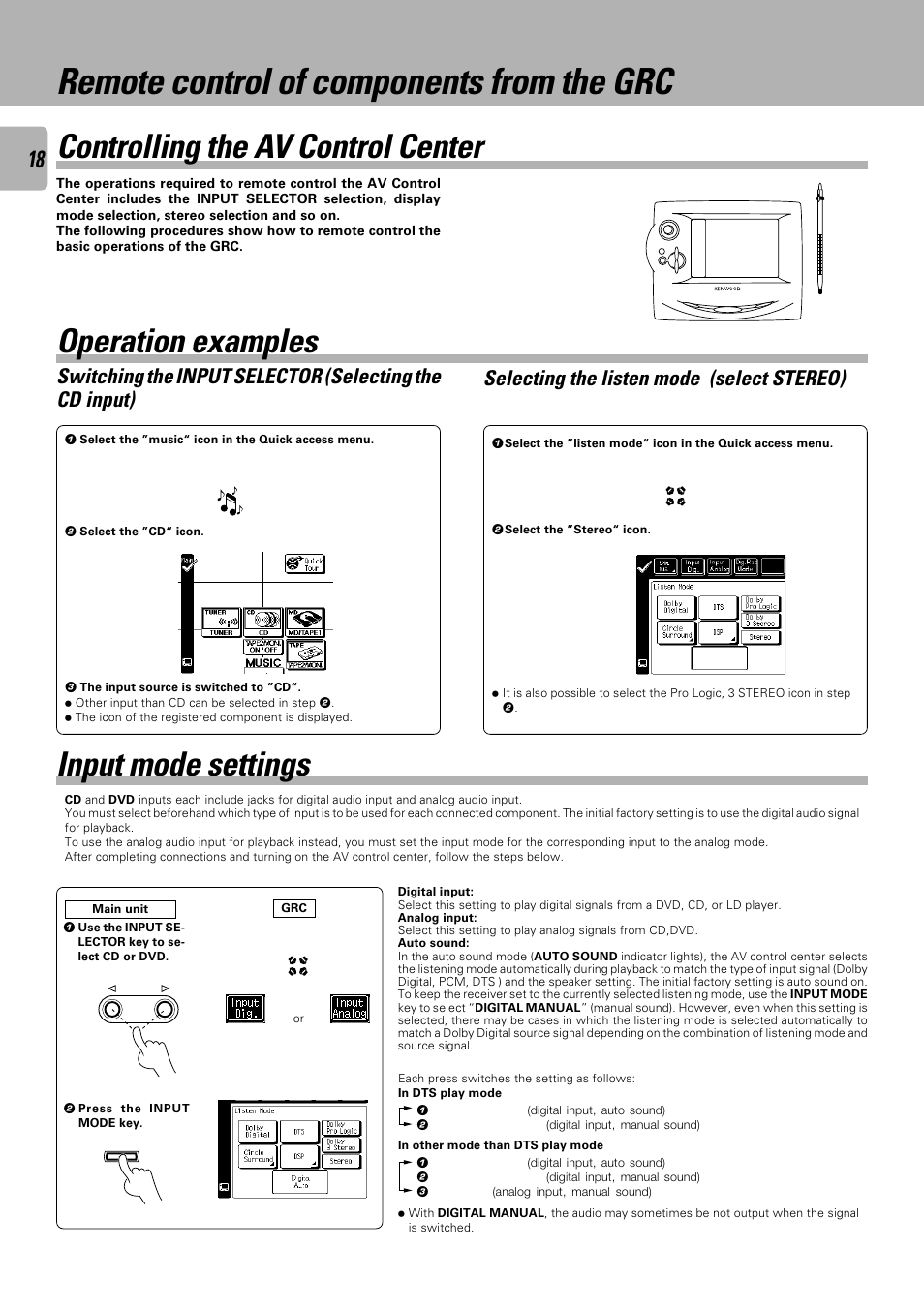 Controlling the av control center, Operation examples, Input mode settings | Remote control of components from the grc | Kenwood C-V751 User Manual | Page 18 / 64