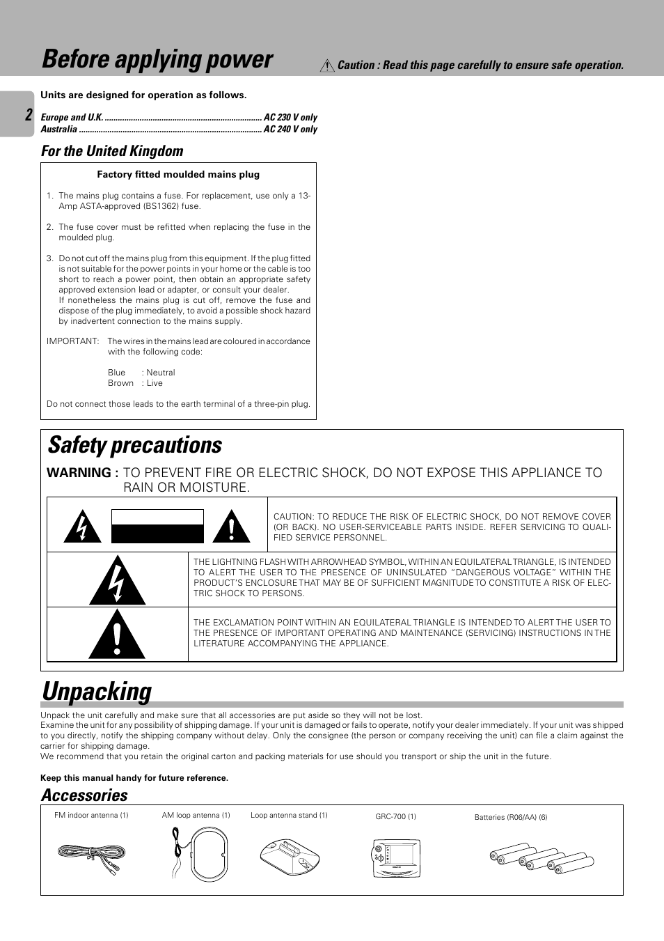 Unpacking before applying power, Safety precautions, Accessories | For the united kingdom | Kenwood C-V751 User Manual | Page 2 / 64