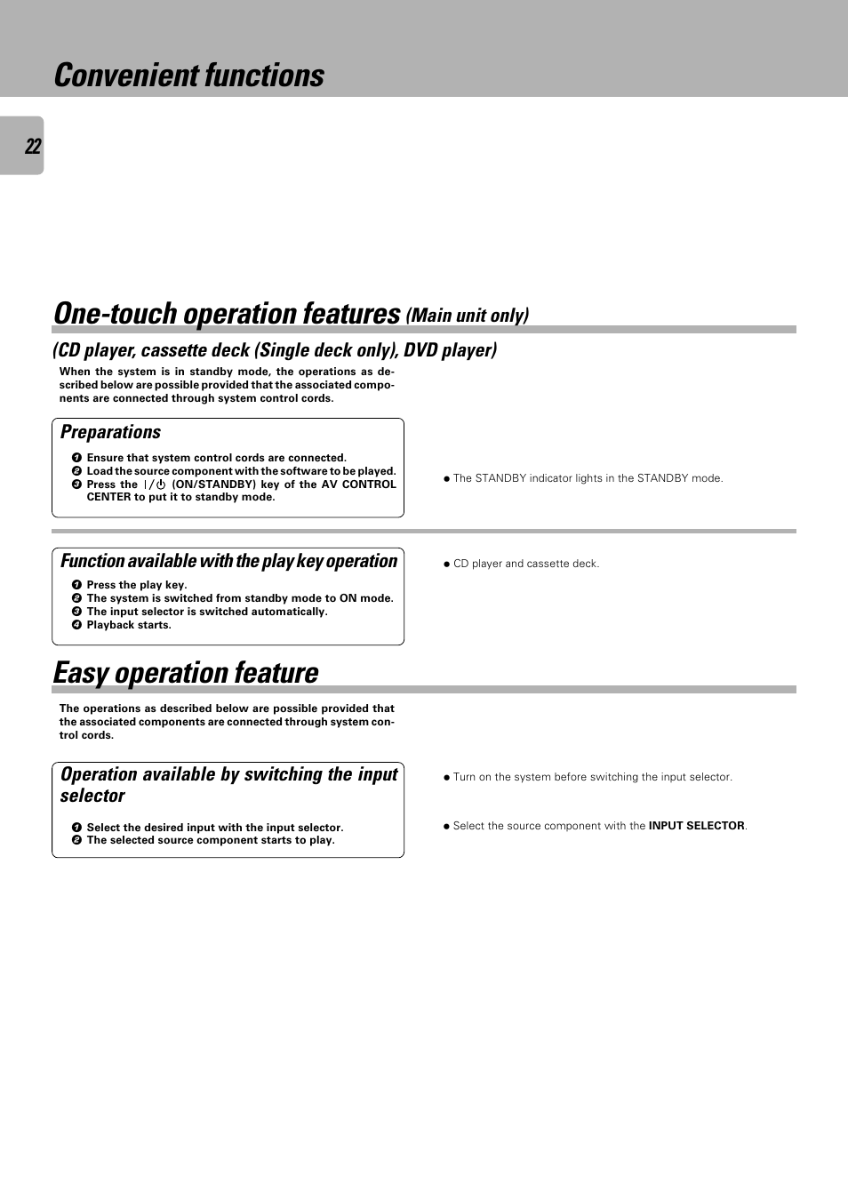 Convenient functions, One-touch operation features, Easy operation feature | Main unit only), Preparations, Function available with the play key operation | Kenwood C-V751 User Manual | Page 22 / 64