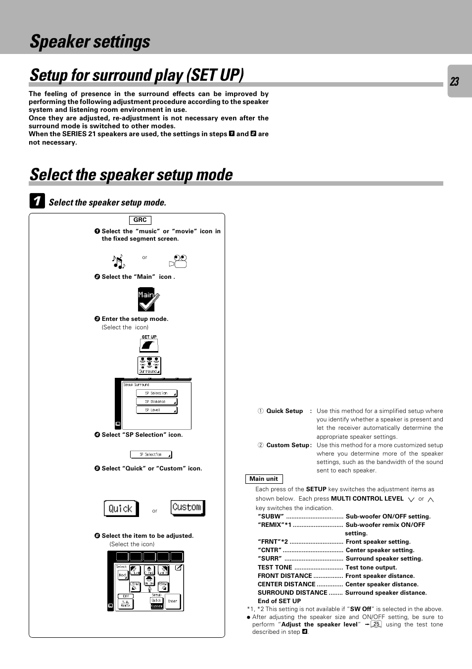 Speaker settings, Setup for surround play (set up), Select the speaker setup mode | Kenwood C-V751 User Manual | Page 23 / 64