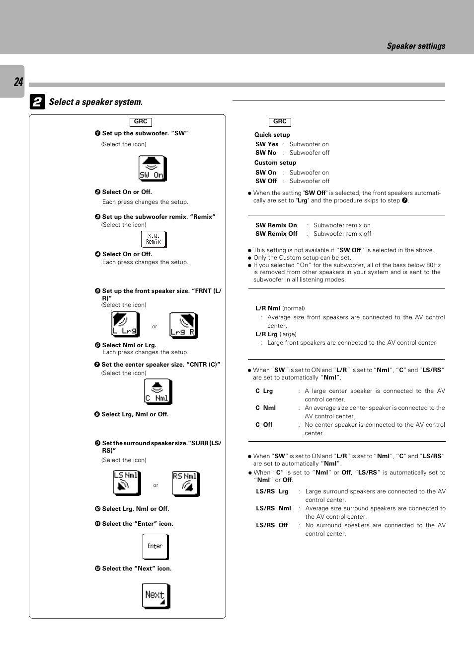 Select a speaker system, Speaker settings | Kenwood C-V751 User Manual | Page 24 / 64