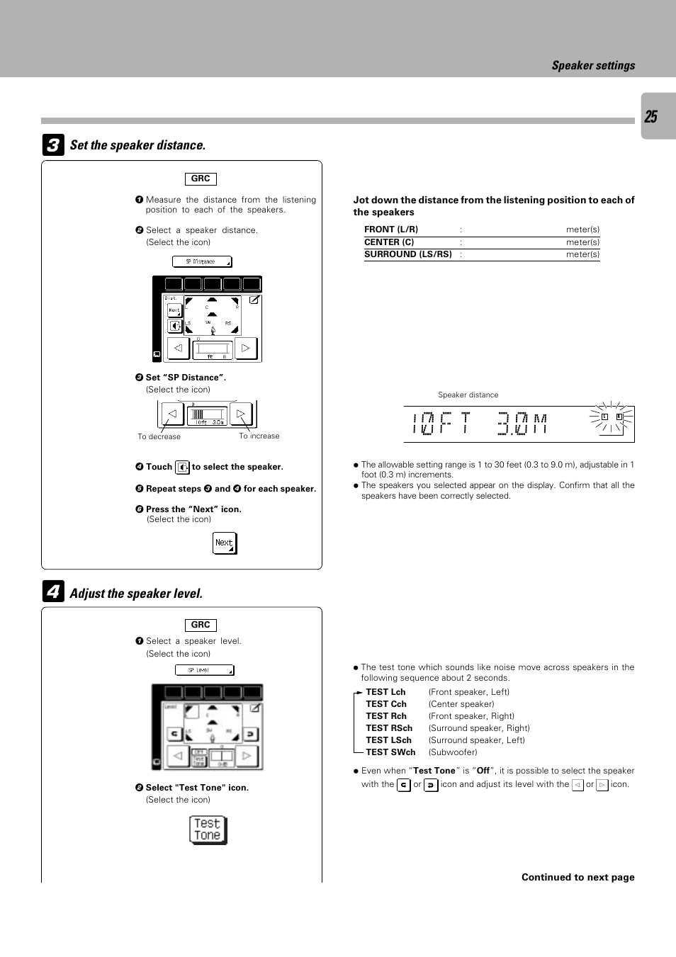 1) f t 3.) m, Set the speaker distance. adjust the speaker level, Speaker settings | Kenwood C-V751 User Manual | Page 25 / 64