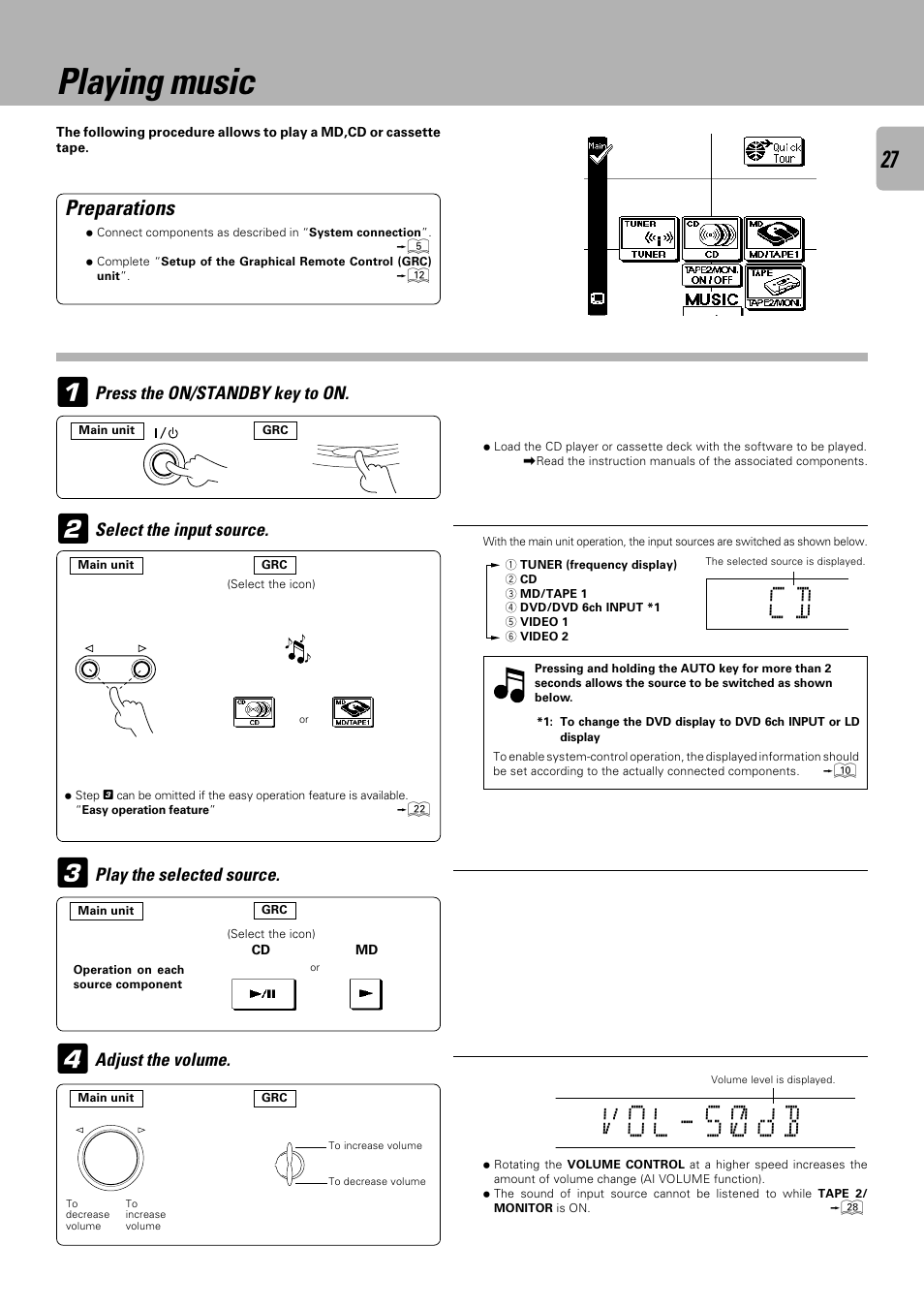 V o l _ 5 ) db, Playing music, Preparations | Adjust the volume, Sound adjustment | Kenwood C-V751 User Manual | Page 27 / 64