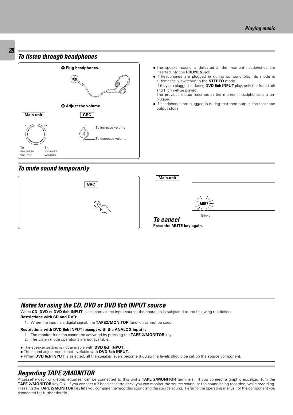Regarding tape 2/monitor, Sound adjustment, Playing music | Kenwood C-V751 User Manual | Page 28 / 64