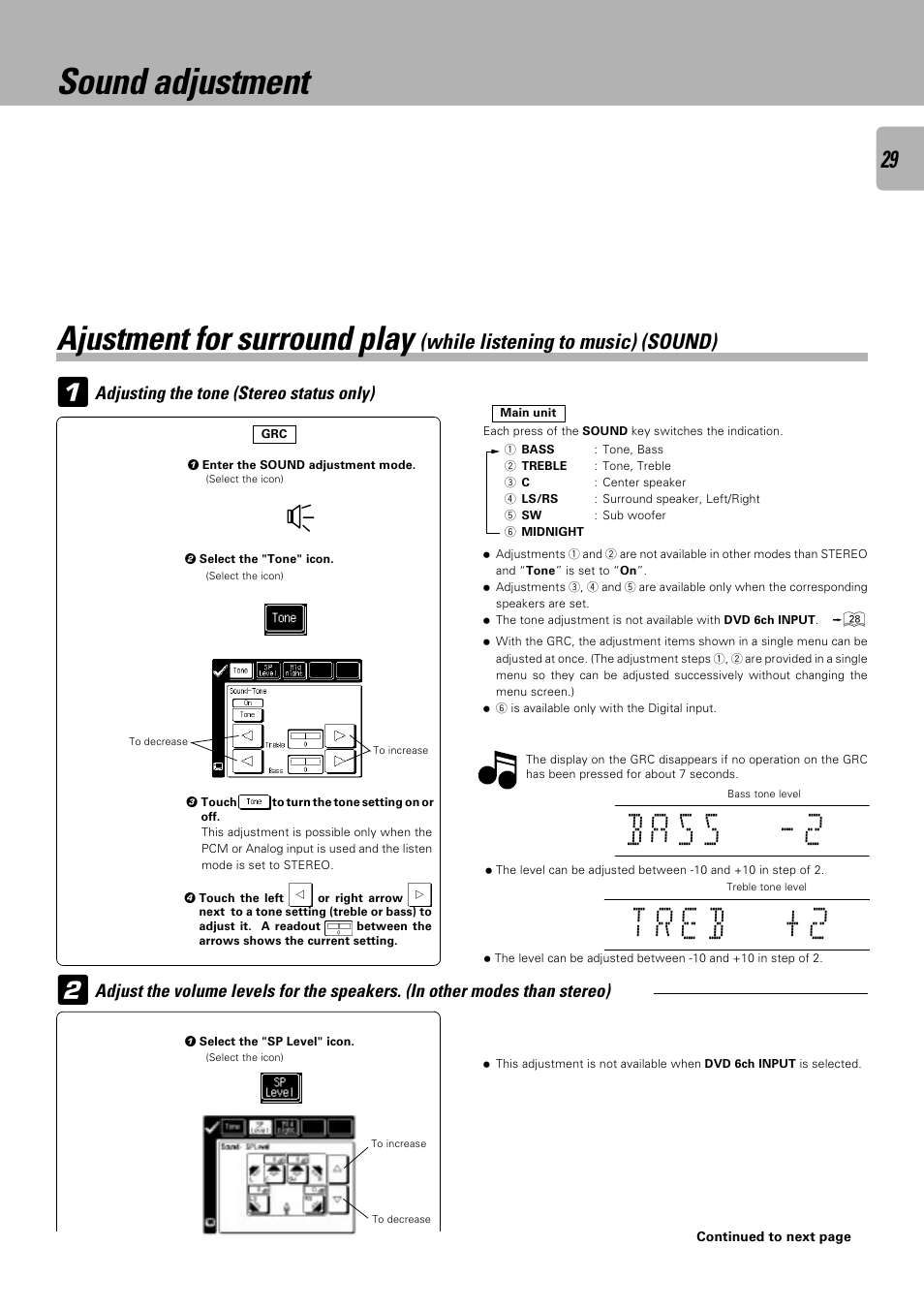 Ajustment for surround play, While listening to music) (sound), Adjusting the tone (stereo status only) | Sound adjustment | Kenwood C-V751 User Manual | Page 29 / 64