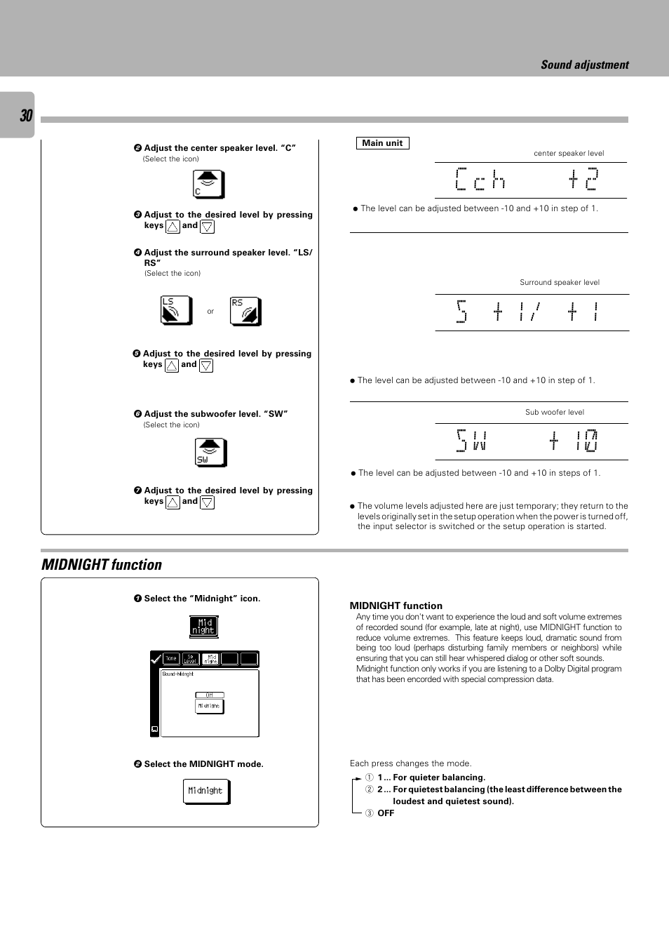 S + 1 / + 1, C c h + 2, S w + 1 ) | Midnight function, Sound adjustment | Kenwood C-V751 User Manual | Page 30 / 64