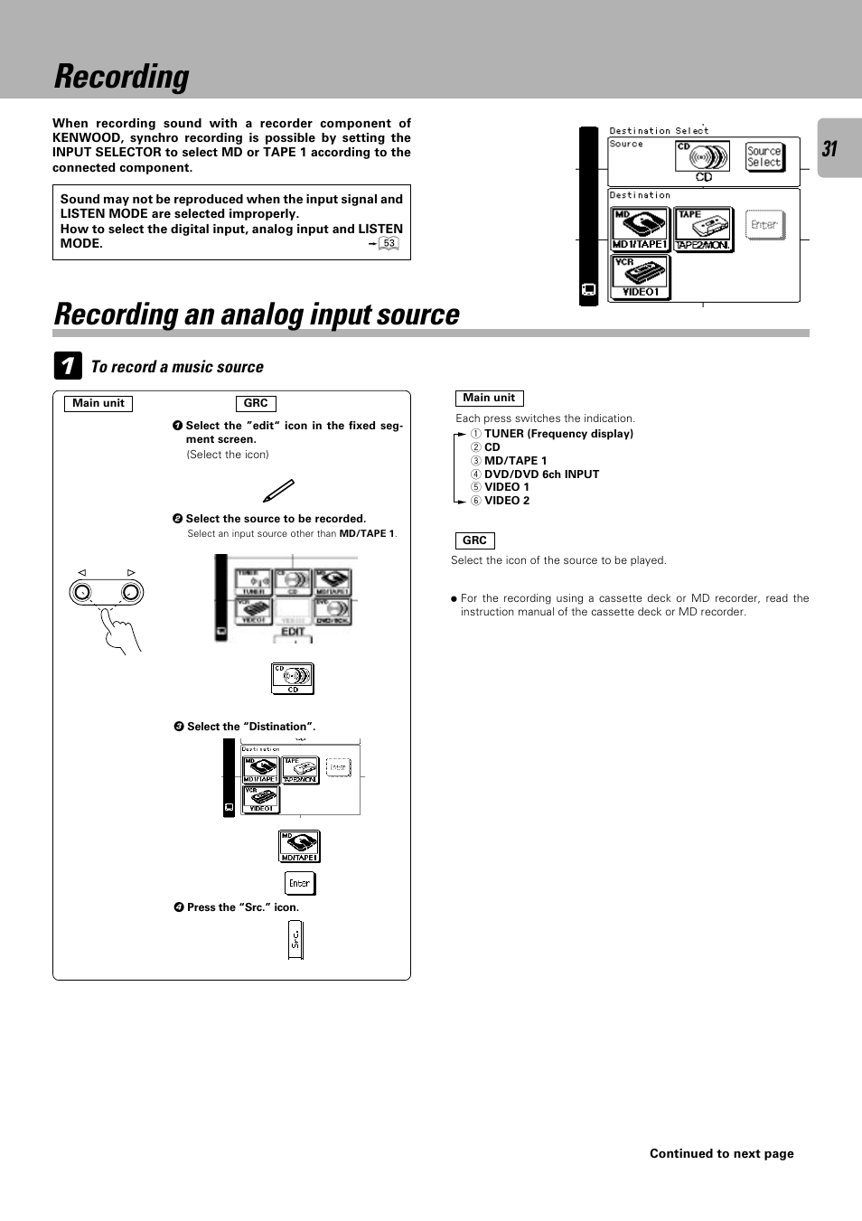 Recording, Recording an analog input source | Kenwood C-V751 User Manual | Page 31 / 64