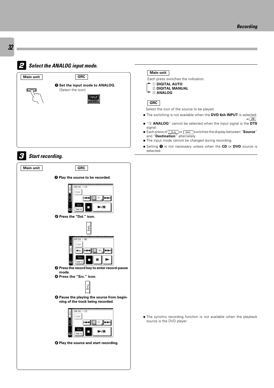 Select the analog input mode, Start recording | Kenwood C-V751 User Manual | Page 32 / 64