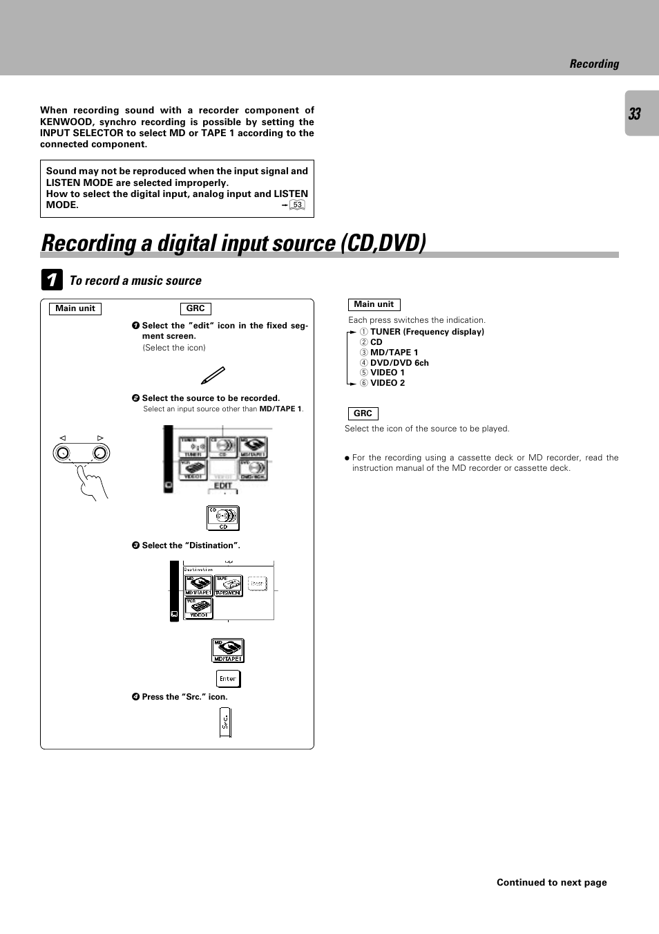 Recording a digital input source (cd,dvd) | Kenwood C-V751 User Manual | Page 33 / 64