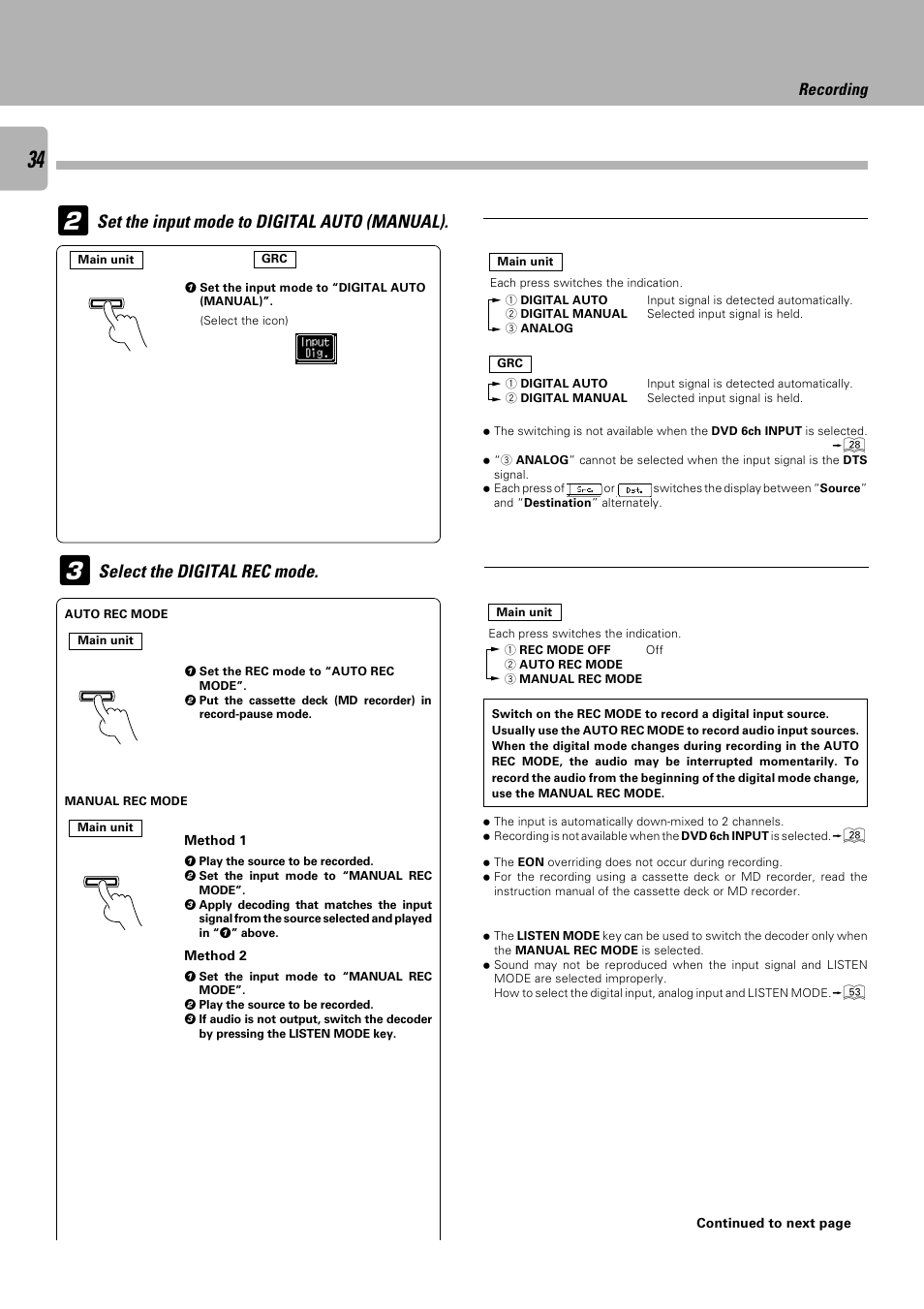 Set the input mode to digital auto (manual), Select the digital rec mode, Recording | Kenwood C-V751 User Manual | Page 34 / 64