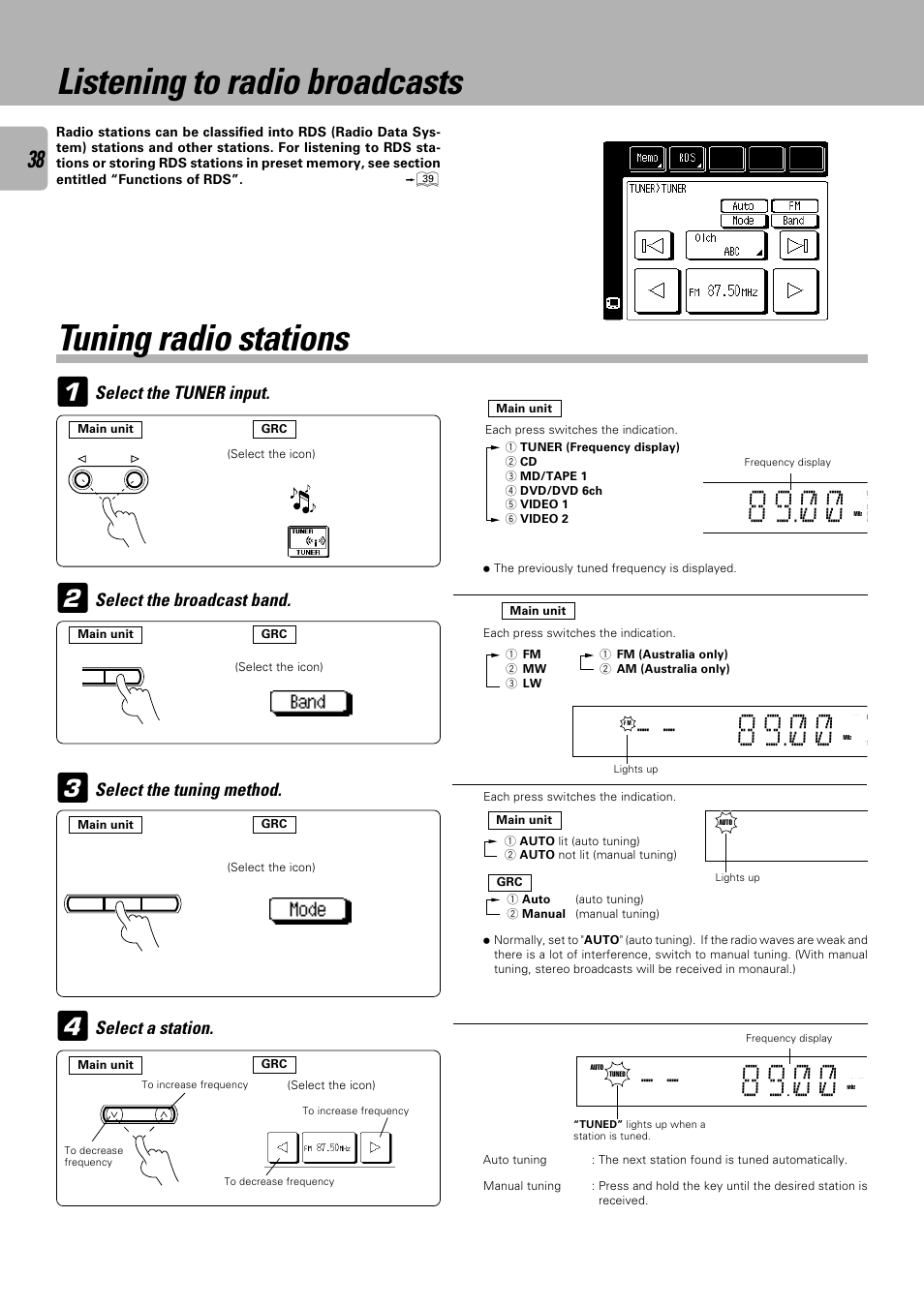 Tuning radio stations, Select the tuner input, Select a station | Listening to radio broadcasts | Kenwood C-V751 User Manual | Page 38 / 64