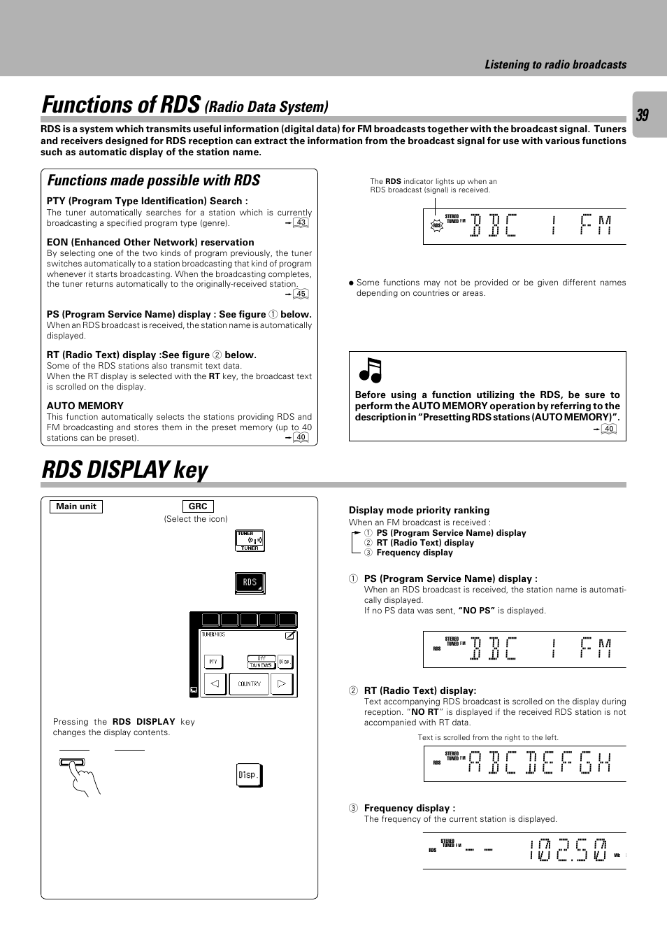 B b c 1 f m, Functions of rds, Rds display key | Listening to radio broadcasts | Kenwood C-V751 User Manual | Page 39 / 64