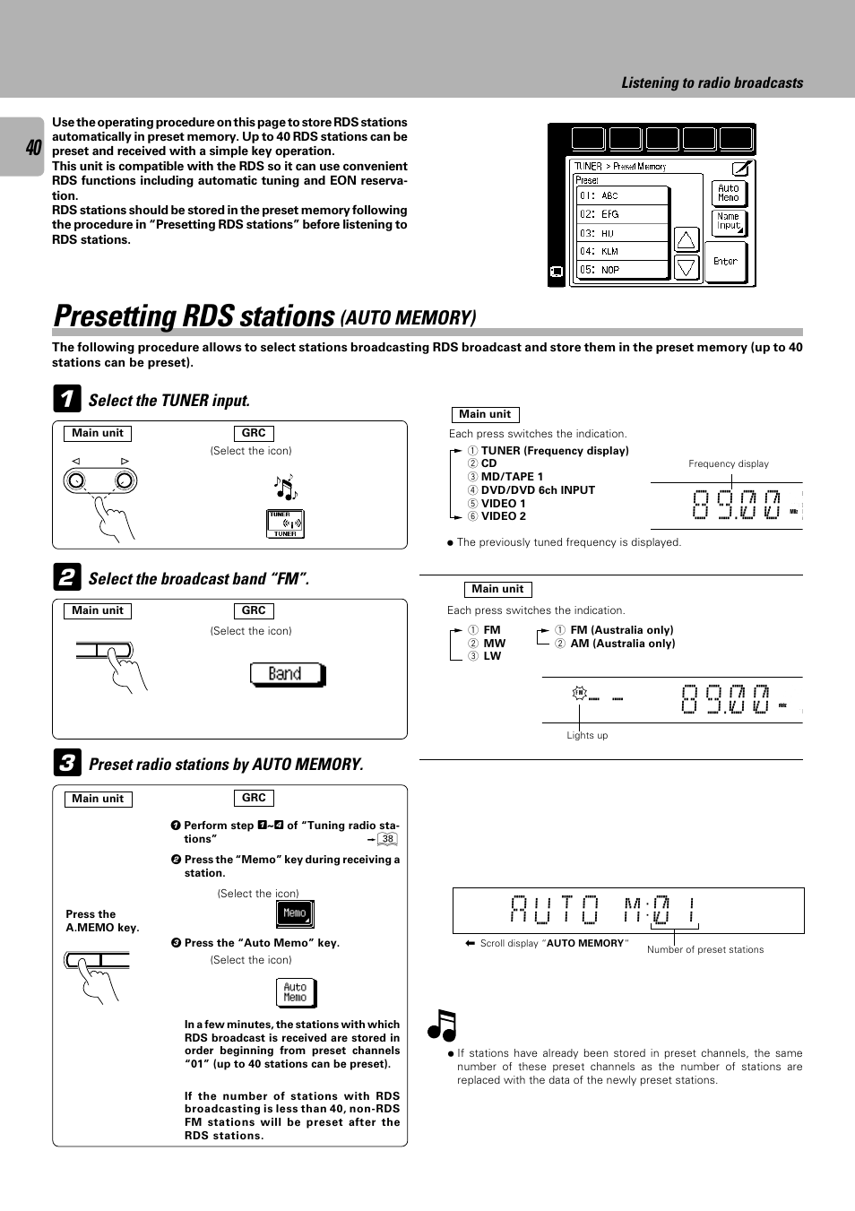 Presetting rds stations, Select the tuner input, Select the broadcast band “fm | Listening to radio broadcasts | Kenwood C-V751 User Manual | Page 40 / 64