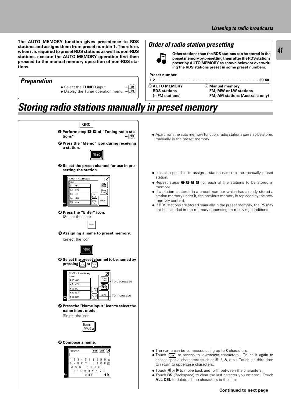 Preparation, Order of radio station presetting, Listening to radio broadcasts | Kenwood C-V751 User Manual | Page 41 / 64