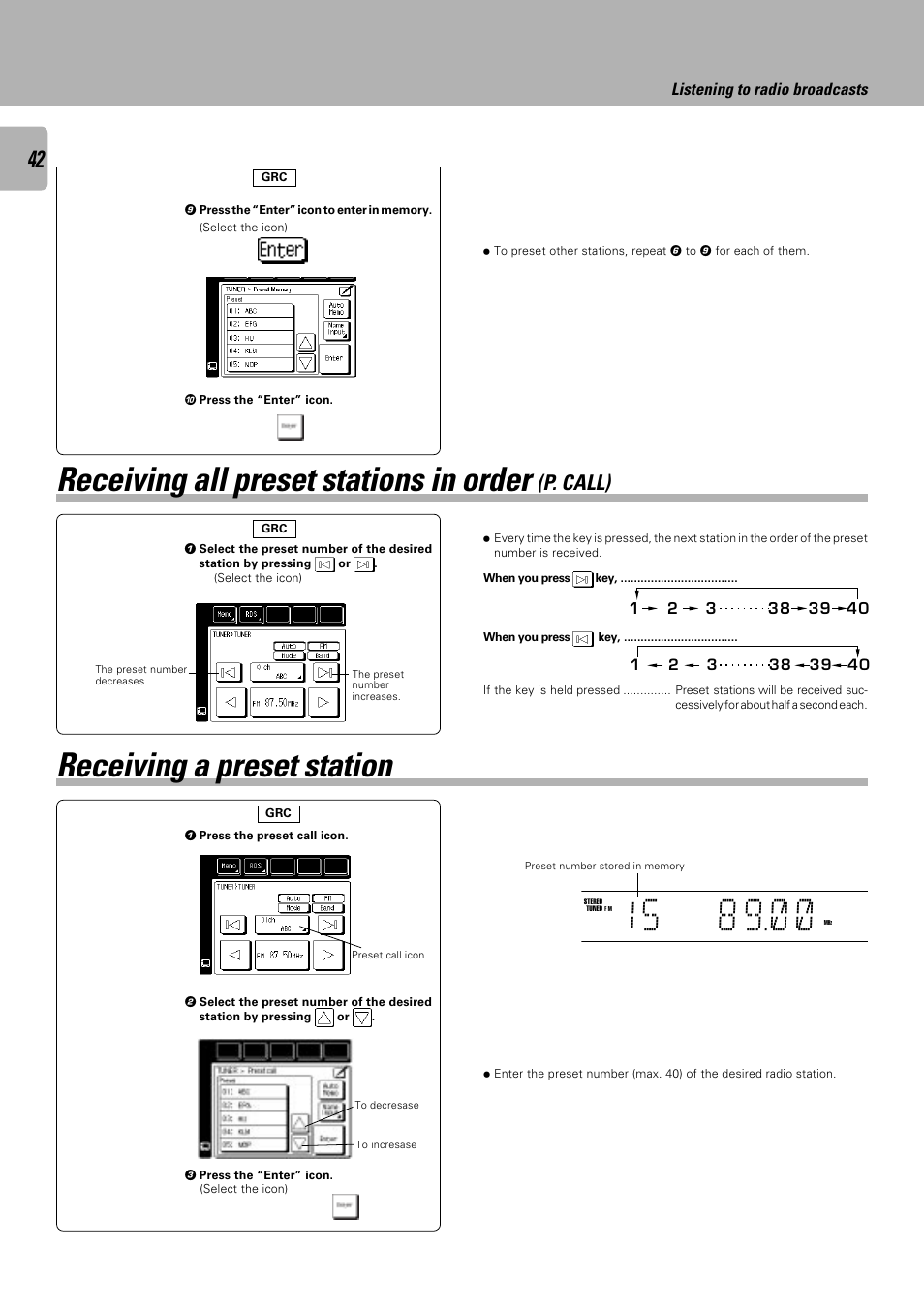 Receiving all preset stations in order, Receiving a preset station, P. call) | Listening to radio broadcasts | Kenwood C-V751 User Manual | Page 42 / 64