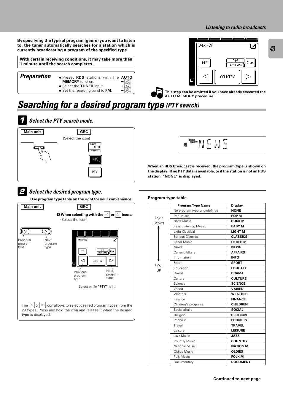 N e w s, Searching for a desired program type, Pty search) | Preparation, Select the pty search mode, Select the desired program type, Listening to radio broadcasts | Kenwood C-V751 User Manual | Page 43 / 64